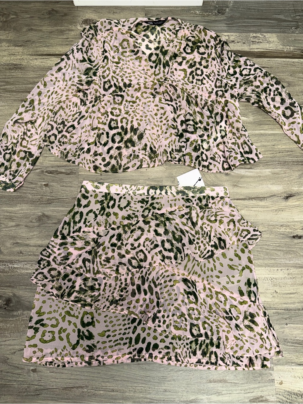 Zara Pink and Green Leopard Print Skirt Set